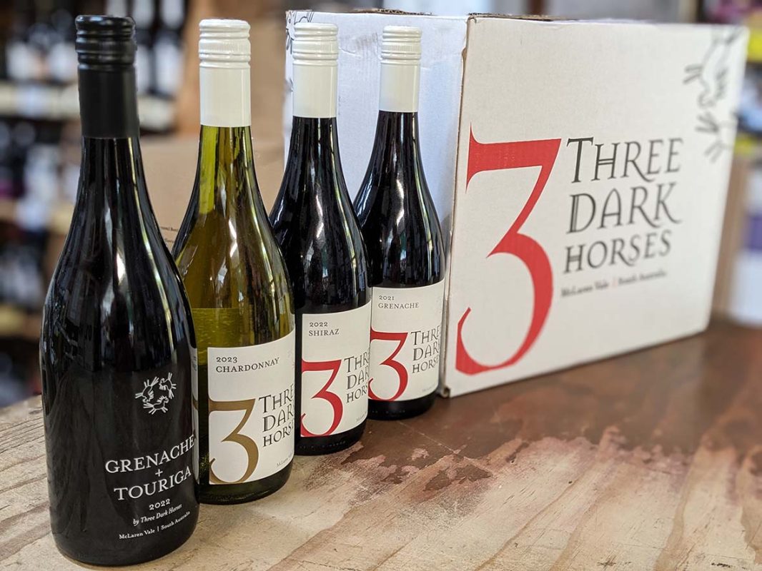 Three dark horses wine, 3 dark horses shiraz 2021, chardonnay,grenache and touriga. 3 Generations of Small Batch Handmade McLaren Vale Wines